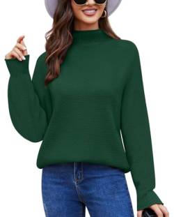 Anyally Damen Pullover Rollkragen Oversized Fledermaus Langarm Sweatshirt Lose Grobstrick Casual Sweater,L Dunkelgrün von Anyally