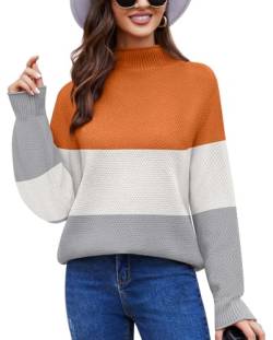 Anyally Damen Pullover Rollkragen Oversized Fledermaus Langarm Sweatshirt Lose Grobstrick Casual Sweater,L Orange-Weiß von Anyally