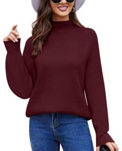 Anyally Damen Pullover Rollkragen Oversized Fledermaus Langarm Sweatshirt Lose Grobstrick Casual Sweater,XL Wein von Anyally