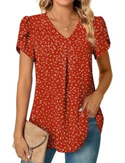 Anyally Damen Sommer Dressy Chiffon Blusen Kurzarm V-Ausschnitt Tunika Tops für Leggings Casual T-Shirts, Blütenblatt/Polka Dots Rot, X-Large von Anyally