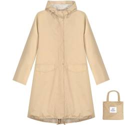 Anyoo Damen Regenjacke Regenmantel Wasserdicht mit Kapuze, Leichter Lange Regenponcho Windbreaker Regenbekleidung, Khaki, Einheitsgröße von Anyoo