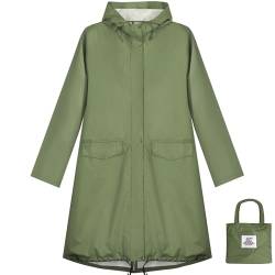 Anyoo Wasserdichter Regenmantel für Damen, Regenjacke mit Kapuze, leichter langer Regenmantel, Windjacke, Trenchcoat, Armeegrün, Einheitsgröße von Anyoo