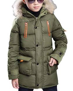 Jungen Einfarbig Jacke Mantel Warm Parka Tasche Winterjacke Mit Kunstfell Kapuzen Oberbekleidung Armee-Grün 140 von AnyuA