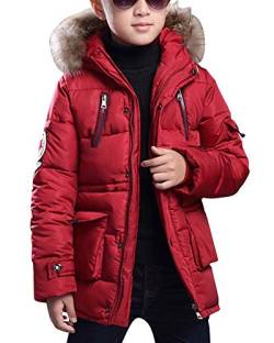 Jungen Einfarbig Jacke Mantel Warm Parka Tasche Winterjacke Mit Kunstfell Kapuzen Oberbekleidung Rot 150 von AnyuA