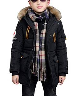 Jungen Einfarbig Jacke Mantel Warm Parka Tasche Winterjacke Mit Kunstfell Kapuzen Oberbekleidung Schwarz 130 von AnyuA