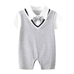 Neugeborenes Baby Jungen Gentleman Strampler Bodys Einteiler Formale Fliege Kragen Kurzarm Polo Anzug Kurz Overall Bodysuit 0-12M (Check Gray, 1-3M) von Anywow