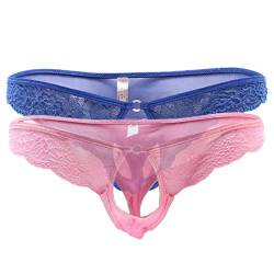Anzhee 2er Pack Herren Sexy String Thong für Männer Unterwäsche Vorne Offen Spitze Slips G-String Mankini Unterhosen Blau+Rosa von Anzhee