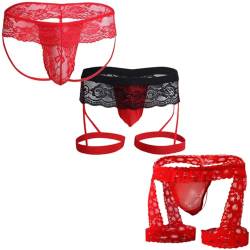 Anzhee Jockstrap Spitze String Tanga für Herren sexy Sissy Pouch Slips Unterwäsche Männer Thong Sport G-String Sportunterwäsche mit Strumpfband 3 Stück Rot von Anzhee