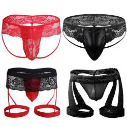 Anzhee Jockstrap Spitze String Tanga für Herren sexy Sissy Pouch Slips Unterwäsche Männer Thong Sport G-String Sportunterwäsche mit Strumpfband 4 Stück Einheitsgröße von Anzhee