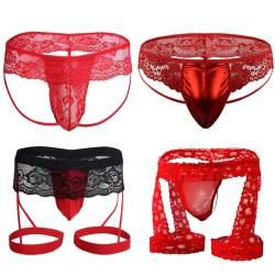 Anzhee Jockstrap Spitze String Tanga für Herren sexy Sissy Pouch Slips Unterwäsche Männer Thong Sport G-String Sportunterwäsche mit Strumpfband 4 Stück Rot Einheitsgröße von Anzhee