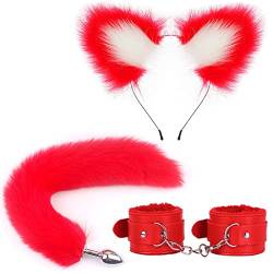 Fuchsschwanz + Fuchsohr Haarband + Handschlaufe Set, langer Fuchsschwanz Cosplay Faux Furry Fox Wolf Tail Kit mit Fox Ohren Haarband und Handschlaufe für Frauen Rot von Anzhee