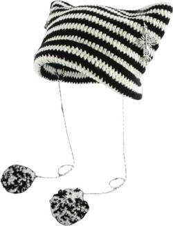 Aobiono Cat Beanie für Frauen Mädchen Y2K Katzenohren Strickmütze Gestreift Slouchy Pom Pom Grunge Cross Vintage Punk Zubehör, Weiß, Schwarz, Einheitsgr��e von Aobiono