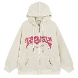 Aobiono Damen Herren Y2K Star Zip Up Jacke Oversized Hoodie Vintage Fleece Japanisches Harajuku Emo Grunge Baggy Kapuzen-Sweatshirt, Beige, Small von Aobiono