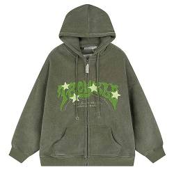 Aobiono Damen Herren Y2K Star Zip Up Jacke Oversized Hoodie Vintage Fleece Japanisches Harajuku Emo Grunge Baggy Kapuzen-Sweatshirt, Grün , Large von Aobiono