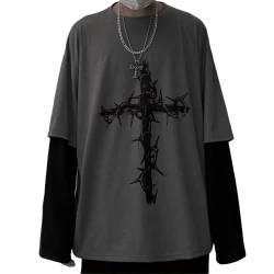 Aobiono Herren Damen Y2K Gothic Cross Sweatshirt Grunge Emo Alt Harajuku Fake Zweiteiliger Hoodie Top Dark Academia Punk Ästhetisch, Grau, Large von Aobiono