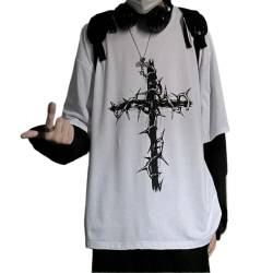 Aobiono Herren Damen Y2K Gothic Cross Sweatshirt Grunge Emo Alt Harajuku Fake Zweiteiliger Hoodie Top Dark Academia Punk Ästhetisch, Weiss/opulenter Garten, Large von Aobiono