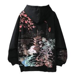 Aobiono Herren Damen Y2K Hoodie Anime Japanische Ästhetik Harajuku Koreanische Sakura Tempel Emo Grunge Alt Kirschblüte Fleece Herbst, Schwarz, Small von Aobiono