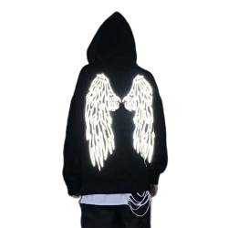 Aobiono Herren Y2K Hoodie Große Engelsflügel Reflektierend Emo Alt Grunge Harajuku Gothic Zip Up Jacke Dark Academia Punk Aesthetic, schwarz, Large von Aobiono