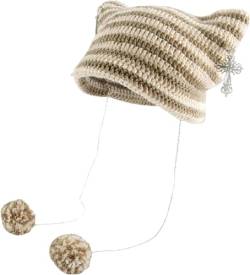 Cat Beanie für Frauen Mädchen Y2K Katzenohren Strickmütze Gestreift Slouchy Pom Pom Grunge Cross Vintage Punk Zubehör, Khaki Beige, Einheitsgr��e von Aobiono