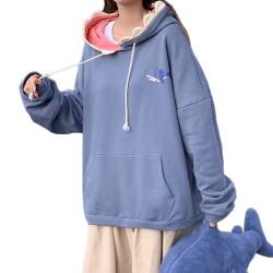 Damen Herren Kawaii Hai Kapuzenpullover Anime Ästhetisch Niedlich Japanisch Korea Y2K Harajuku Preppy Sweatshirt Langarm Pullover, Blau, Large von Aobiono