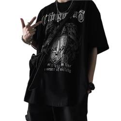 Damen Herren Y2K T-Shirt Emo Grunge Gothic Cross Grafik Tee Vintage Alt Kurzarm Streetwear Techwear Dark Academia, Schwarz, L von Aobiono