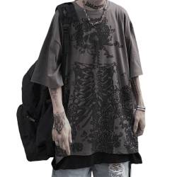 Damen Herren Y2K T-Shirt Skelett Emo Grunge Oversized Gothic Tee Grafik Streetwear Techwear Alt Baggy Dark Academia, Schwarz, 5X-Groß von Aobiono