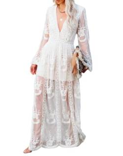 Damen Sommer Frühling Kleid Maxi Boho Spitze Mesh durchsichtig Split Hochzeit Gäste Brautjungfer Braut Prom Rüschen Strand Flow, Weiß, Klein von Aobiono