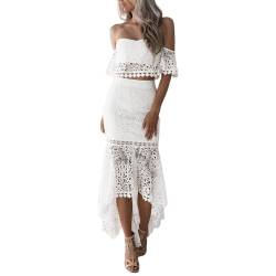 Damen-Sommerkleid, 2-teilig, Spitze, schulterfrei, bauchfreies Oberteil, hoher niedriger Maxirock, gehäkelt, sexy Boho, Rüschen, Fischschwanz, Meerjungfrau, Weiß, Klein von Aobiono