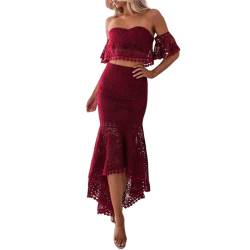 Damen-Sommerkleid, 2-teilig, Spitze, schulterfrei, bauchfreies Oberteil, hoher niedriger Maxirock, gehäkelt, sexy Boho, Rüschen, Fischschwanz, Meerjungfrau, rot, Klein von Aobiono