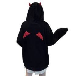 Damen Teufel Hoodie mit Hörnern Flügeln Kawaii Alt Anime Ästhetische Harajuku Y2K Gothic Cute Demon Japanese Dark Academia, schwarz, XX-Large von Aobiono