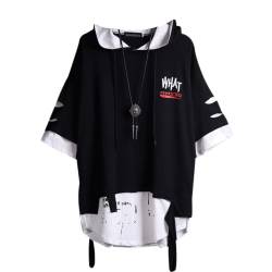 Y2K Herren Damen T-Shirt Techwear Streetwear Vintage Grafik Tee Kurzarm Hoodie Top Distressed Grunge Emo Alt Cyber, Schwarz, L von Aobiono