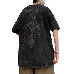 Y2K Vintage Tee Gothic Grafik T-Shirt Cross Streetwear Techwear Oversized Baggy Dark Academia Grunge Emo, Schwarz, L von Aobiono