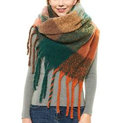 Aodafei Schal Damen Winter Frühling,Dicke Lange Schals mit Quasten,Weiche übergroßer Poncho Damen Schultertuch,Bunt Kariert Schal für Damen Tücher,Kariert Schal Orange Grün xxl von Aodafei