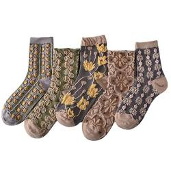 Aoguaro 5/10 Paar Damen-Socken mit Blumenmuster, Baumwolle, Vintage-Stil, Crew-Socken, bestickt mit Blumenkleid, modische Socken von Aoguaro