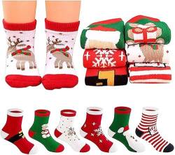Aohcae 6 Stück Weihnachten Socke Kinder, Eindicken Weihnachtssocken Kinder Socken Weihnachten Kinder Kuschelsocken weihnachten für Weihnachten, Winter (6-8 Jahre) von Aohcae