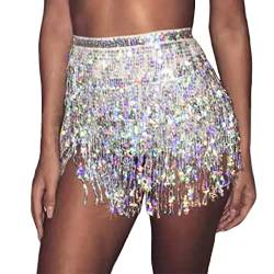 Aohhy Damen Bauchtanz Rock Kostüm Pailletten Quaste Rock Hawaii Hula Gras Kostüm Mini Rave Fransen Rock, silber, Einheitsgröße von Aohhy