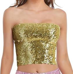 Aohhy Damen glitzernde Pailletten Stretch Party Clubwear Tube Top Meerjungfrau Crop Tops trägerlos Metallic Tops für Party Clubwear, Büste 23.6-39.3 Zoll, Gold von Aohhy