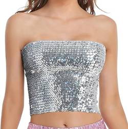 Aohhy Damen glitzernde Pailletten Stretch Party Clubwear Tube Top Meerjungfrau Crop Tops trägerlos Metallic Tops für Party Clubwear, Büste 23.6-39.3 Zoll, Silber von Aohhy