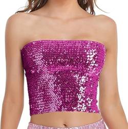 Aohhy Damen glitzernde Pailletten Stretch Party Clubwear Tube Top Meerjungfrau Crop Tops trägerlos Metallic Tops für Party Clubwear, Büste 23.6-39.3 Zoll, hot pink von Aohhy