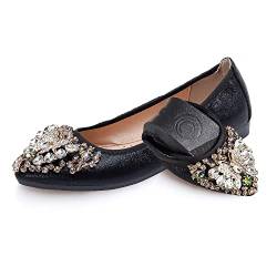 Aoikoy Damen-Ballerinas, faltbar, lässig, glitzernd, Strass, Hochzeits-Ballerinas, bequem, zum Hineinschlüpfen, Flache Schuhe, A8, Schwarz, 38.5 EU von Aoikoy