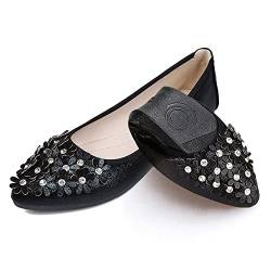 Aoikoy Damen Mädchen Hochzeitsschuhe Klassische Prinzessin Partei Schuhe Glitzer Flamenco Schuhe Slip on Flache Arbeitsschuhe Ballerina Geschlossene Flat mit Strass, 37 EU, A2 Schwarz von Aoikoy