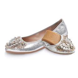 Aoikoy Damen Mädchen Hochzeitsschuhe Klassische Prinzessin Partei Schuhe Glitzer Flamenco Schuhe Slip on Flache Arbeitsschuhe Ballerina Geschlossene Flat mit Strass, 39 EU, A8 Silber von Aoikoy