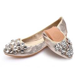 Aoikoy Damen Mädchen Hochzeitsschuhe Klassische Prinzessin Partei Schuhe Glitzer Flamenco Schuhe Slip on Flache Arbeitsschuhe Ballerina Geschlossene Flat mit Strass, 42 EU, A1 Gold von Aoikoy