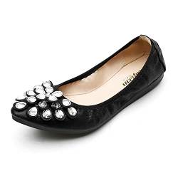 Aoikoy Damen Mädchen Hochzeitsschuhe Klassische Prinzessin Partei Schuhe Glitzer Flamenco Schuhe Slip on Flache Arbeitsschuhe Ballerina Geschlossene Flat mit Strass, 43 EU, A3 Schwarz von Aoikoy