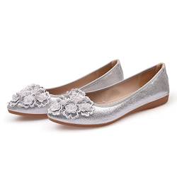 Aoikoy Damen Mädchen Hochzeitsschuhe Klassische Prinzessin Partei Schuhe Glitzer Flamenco Schuhe Slip on Flache Arbeitsschuhe Ballerina Geschlossene Flat mit Strass, A6 Silber, 39 EU von Aoikoy