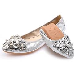 Damen-Ballerinas, faltbar, lässig, glitzernd, Strass, Hochzeits-Ballerinas, bequem, zum Hineinschlüpfen, Flache Schuhe, A1 Silver, 38 EU von Aoikoy