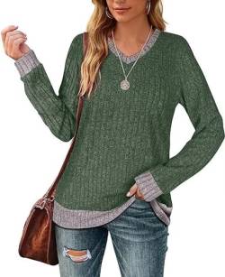 Aokosor Langarmshirt Damen Casual Pullover V-Ausschnitt Sweater Leichtes Herbst Strickpullover Oberteile Grün 2XL von Aokosor