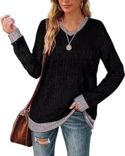 Aokosor Langarmshirt Damen Casual Pullover V-Ausschnitt Sweater Leichtes Herbst Strickpullover Oberteile Schwarz XL von Aokosor