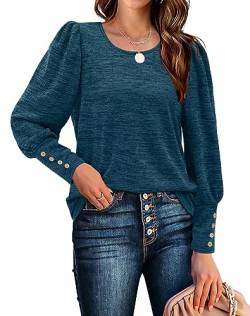 Aokosor Pullover Damen Rundhals Puffärmel Langarmshirts Casual Strickpullover mit Knöpfen Elegant Herbst Sweatshirt Oversize Oberteile Blau L von Aokosor