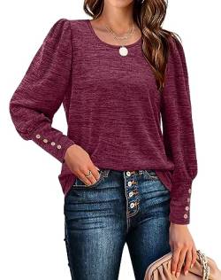 Aokosor Pullover Damen Rundhals Puffärmel Langarmshirts Casual Strickpullover mit Knöpfen Elegant Herbst Sweatshirt Oversize Oberteile Fuchsie XL von Aokosor